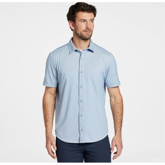 VRST Men's Refined Knit Short Sleeve Button Up Collared Shirt muted denim S NWT - Picture 1 of 6